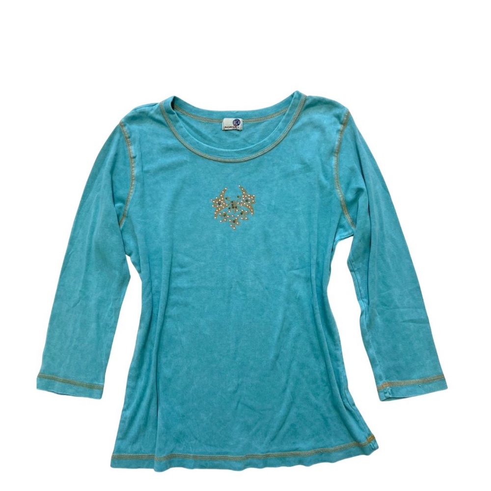 vintage y2k boho turquoise 3/4 sleeve top < 3